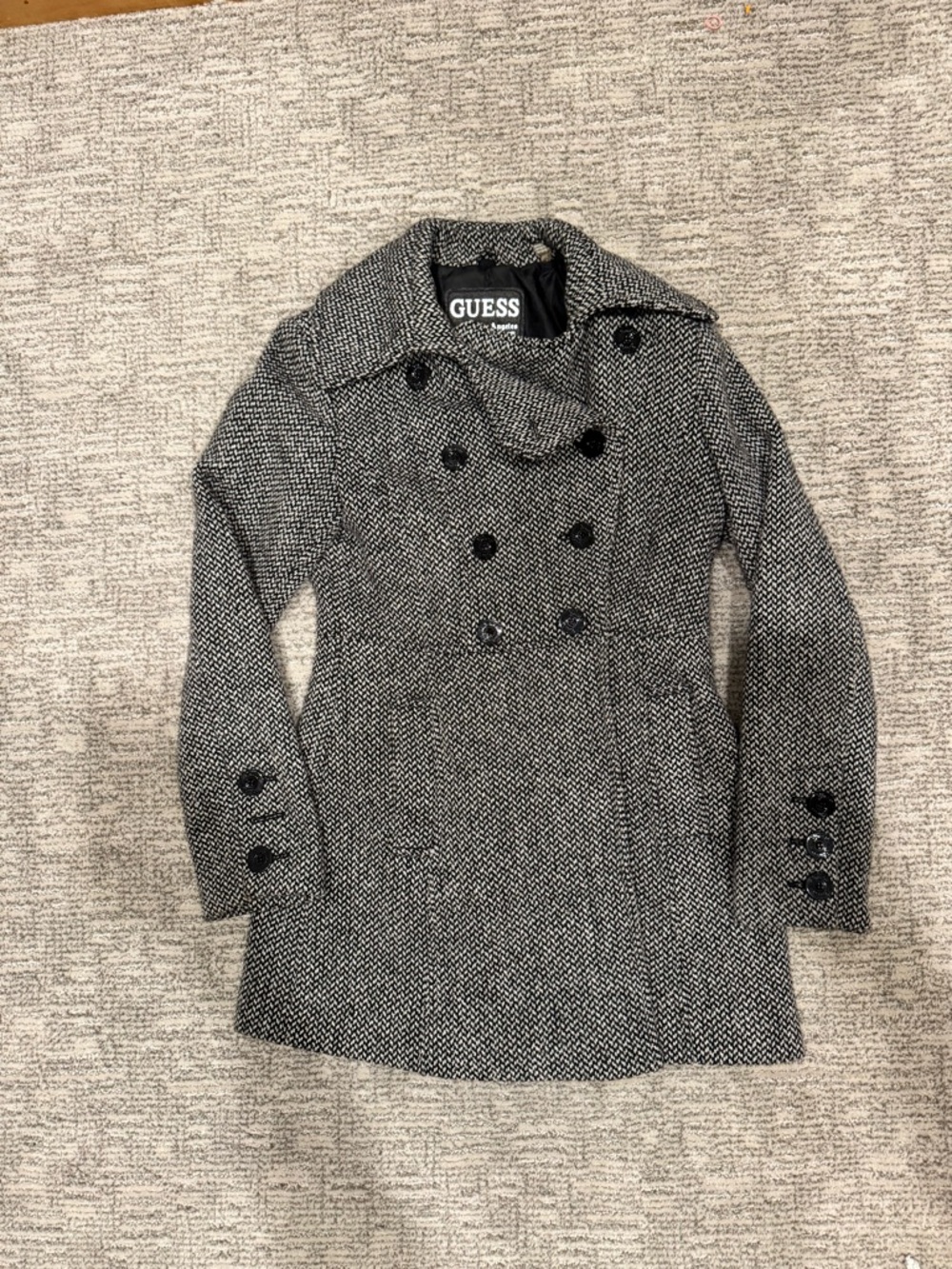 GUESS Black & White Tweed Double-Breasted Peacoat